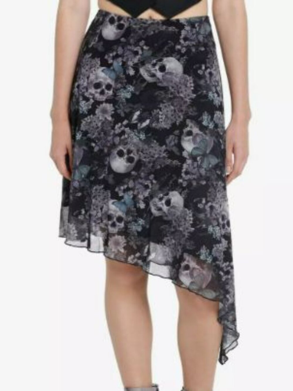 Hot Topic Thorn & Fable Gothic Skulls & Flowers Asymmetrical Mesh Midi Skirt M